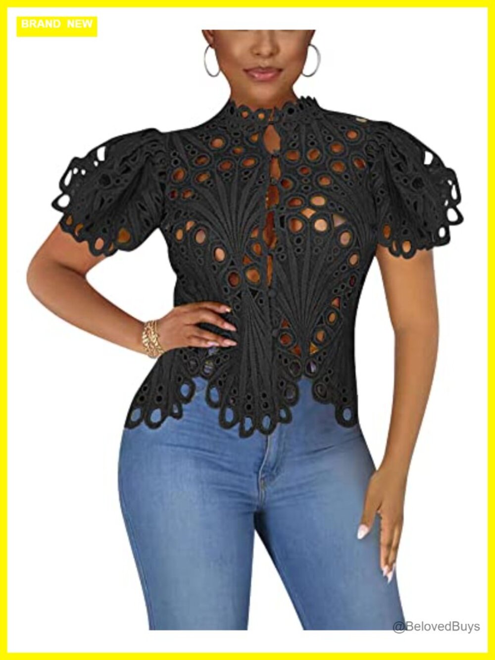 Women's Lace Puff Sleeve Button Down Top Club Party Blouse